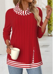 Red Tummy Coverage Striped Long Sleeve Cowl Neck Sweatshirt