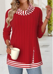 Red Tummy Coverage Striped Long Sleeve Cowl Neck Sweatshirt