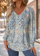 Blue Tuck Stitch Tribal Print Long Sleeve T Shirt