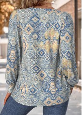 Blue Tuck Stitch Tribal Print Long Sleeve T Shirt | thumb picture 