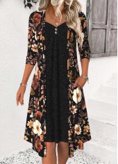 Black Tummy Coverage Floral Print Long Sleeve Dress