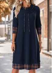 Navy Tummy Coverage Plaid Long Sleeve Cowl Neck Dress
