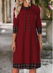 Wine Red Tummy Coverage Plaid Long Sleeve Dress