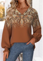 Dark Coffee Curved Hem Tribal Print Long Sleeve Sweatshirt