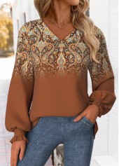 Dark Coffee Curved Hem Tribal Print Long Sleeve Sweatshirt | thumb picture 