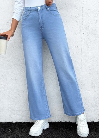 women clothes image of Denim Blue Pocket Straight Leg Button Fly Jeans
