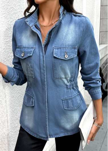 women clothes image of Denim Blue Patch Pocket Long Sleeve Stand Collar Coat