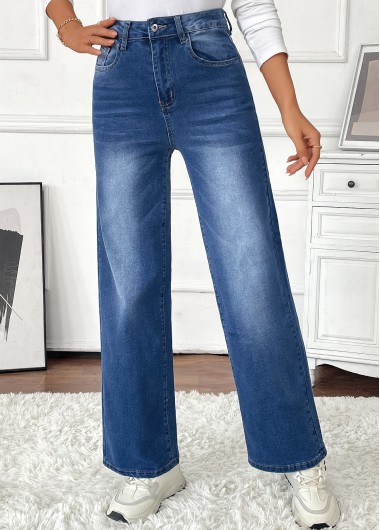 women clothes image of Denim Blue Pocket Wide Leg Button Fly Pants