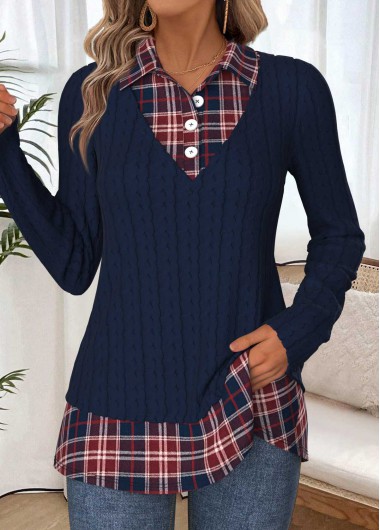 women clothes image of Navy Tummy Coverage Plaid Fake Two Piece Twinset