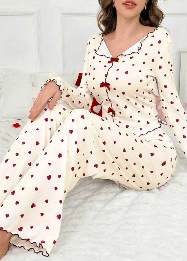 women clothes image of Beige Heart Print Long Sleeve Lounge Top and Pants