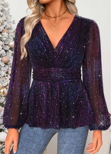 women clothes image of Multi Color Tummy Coverage Long Sleeve V Neck Blouse