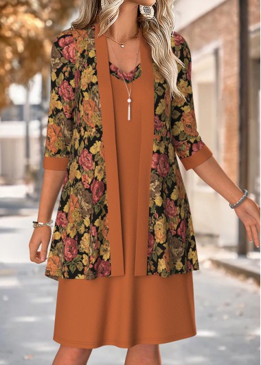 women clothes image of Orange Floral Print Two-piece Long Sleeve Dress and Cardigan