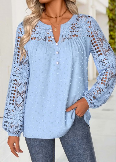 women clothes image of Light Blue Tummy Coverage Long Sleeve Split Neck Blouse