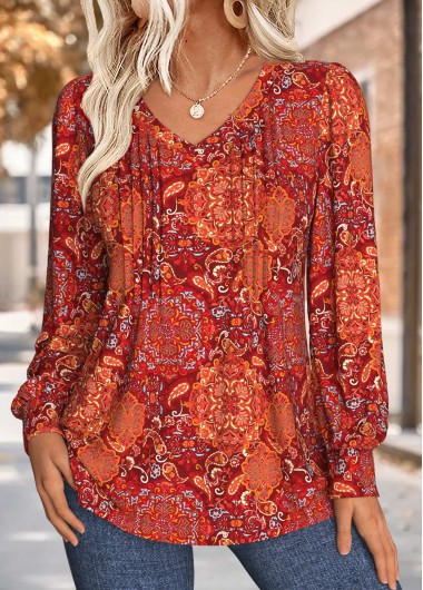 women clothes image of Wine Red Tuck Stitch Tribal Print T Shirt