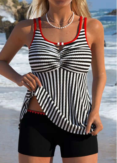 women clothes image of Tummy Coverage Mid Waisted Striped Black Tankini Set