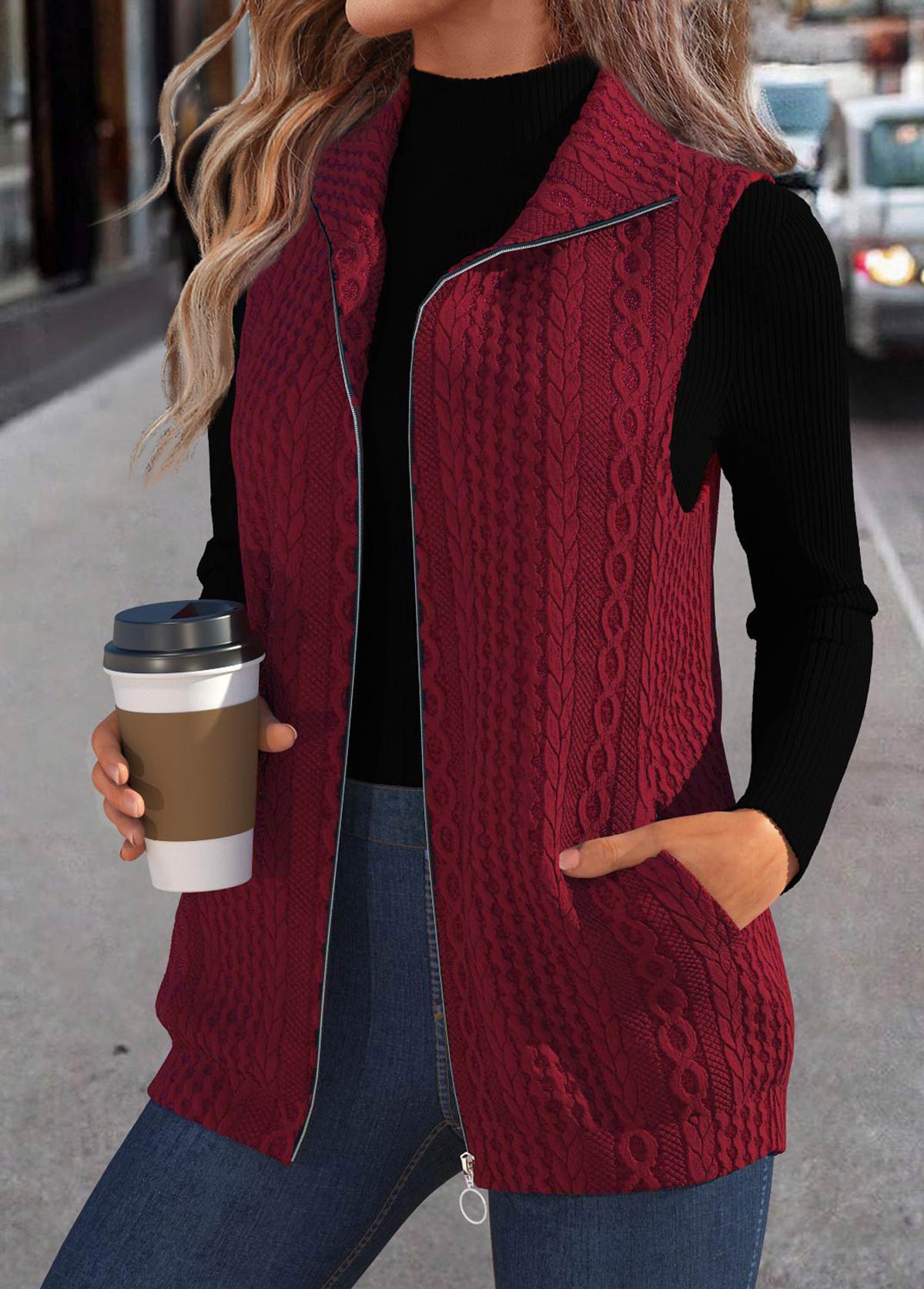 Wine Red Jacquard Sleeveless Stand Collar Waistcoat | picture 