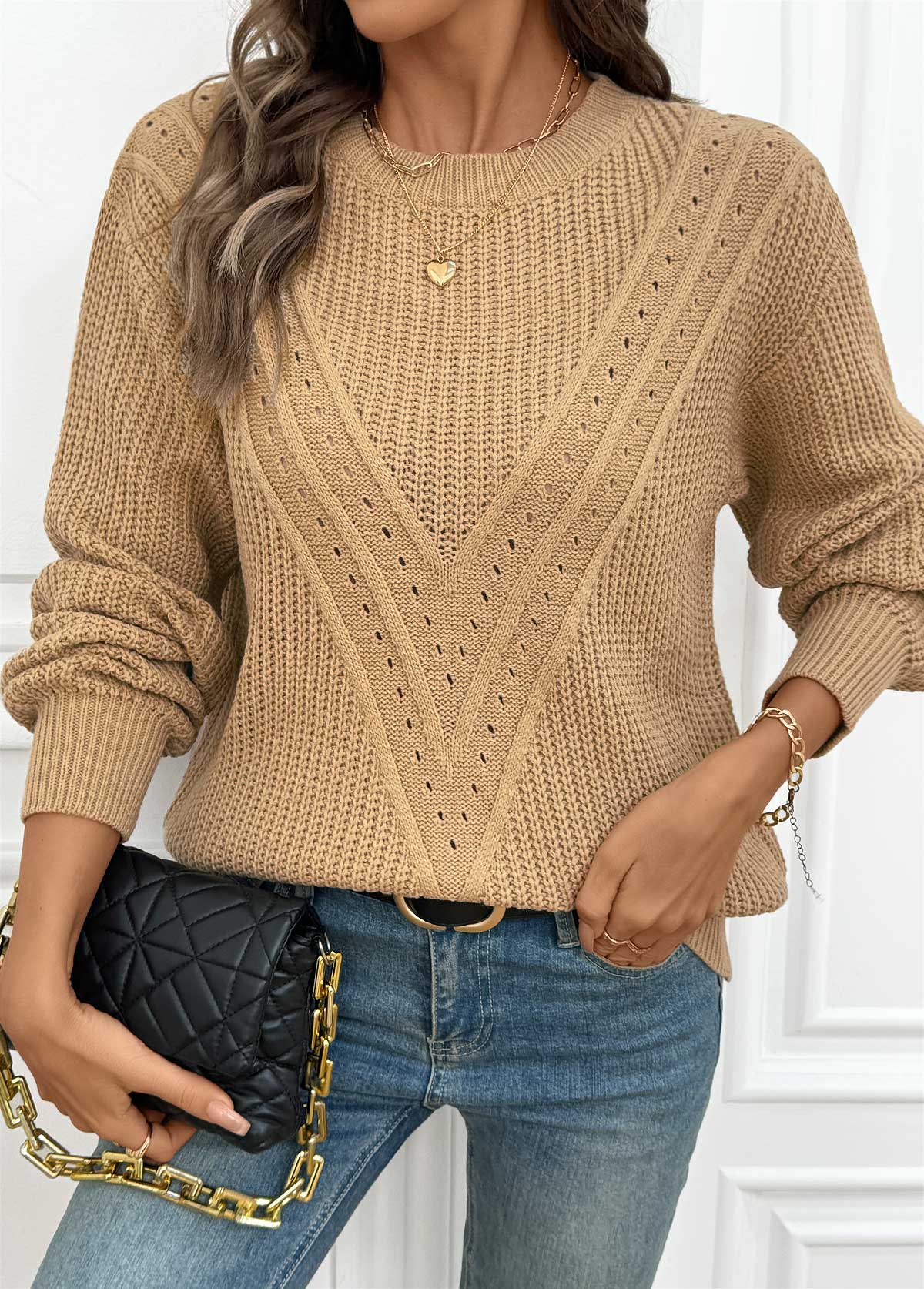 Light Camel Tummy Coverage Long Sleeve Round Neck Sweater | picture 