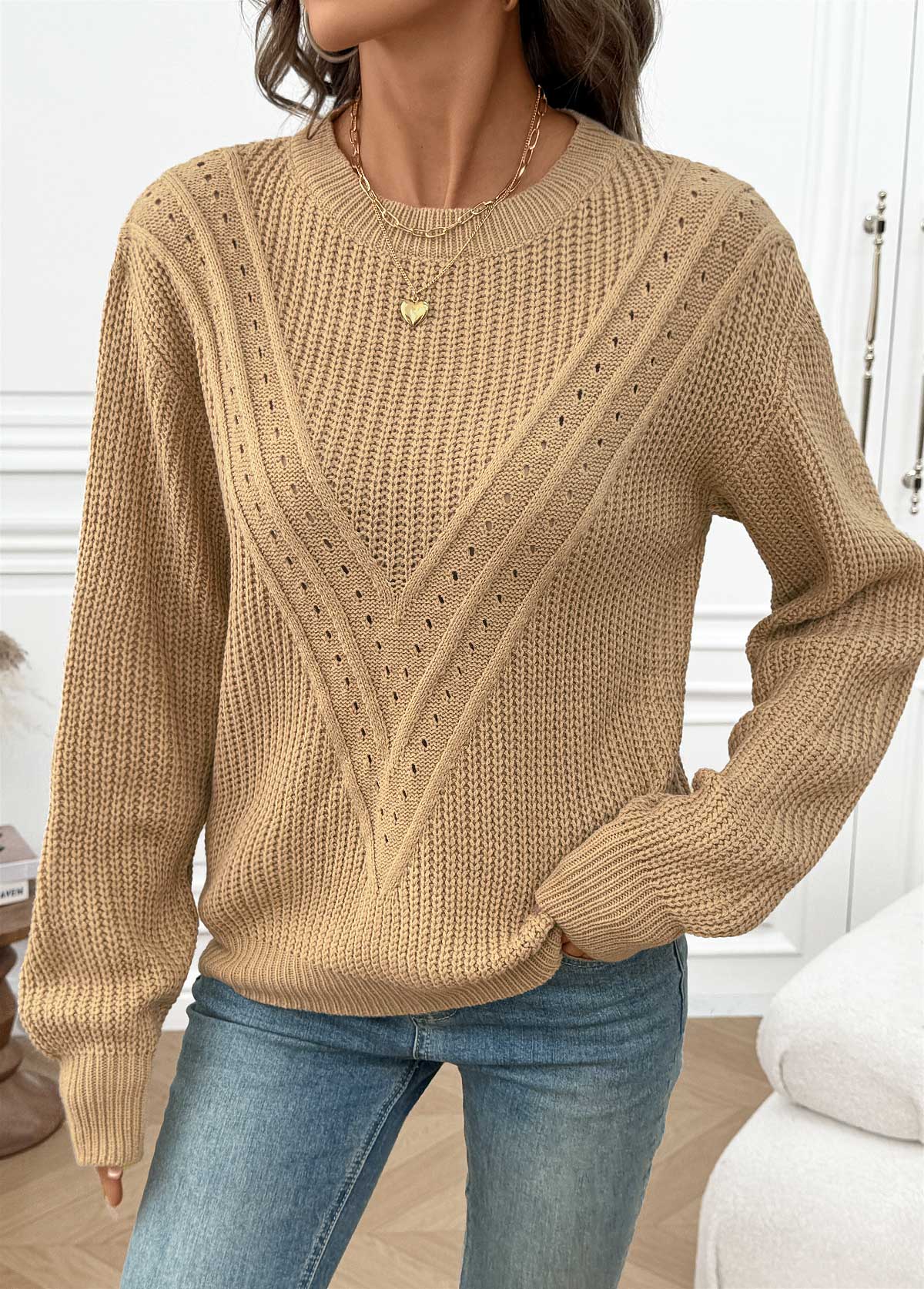 Light Camel Tummy Coverage Long Sleeve Round Neck Sweater | picture 