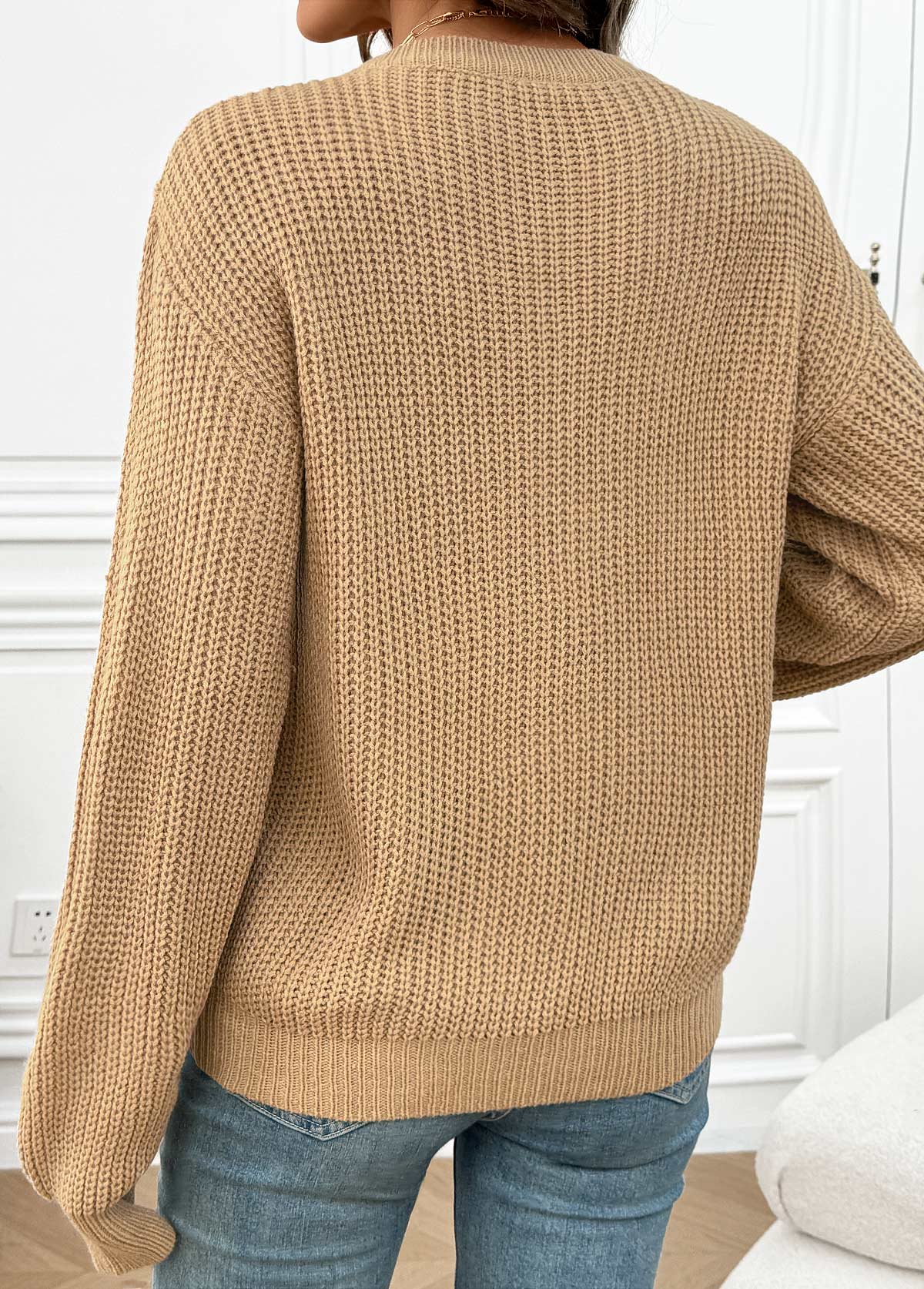 Light Camel Tummy Coverage Long Sleeve Round Neck Sweater | picture 