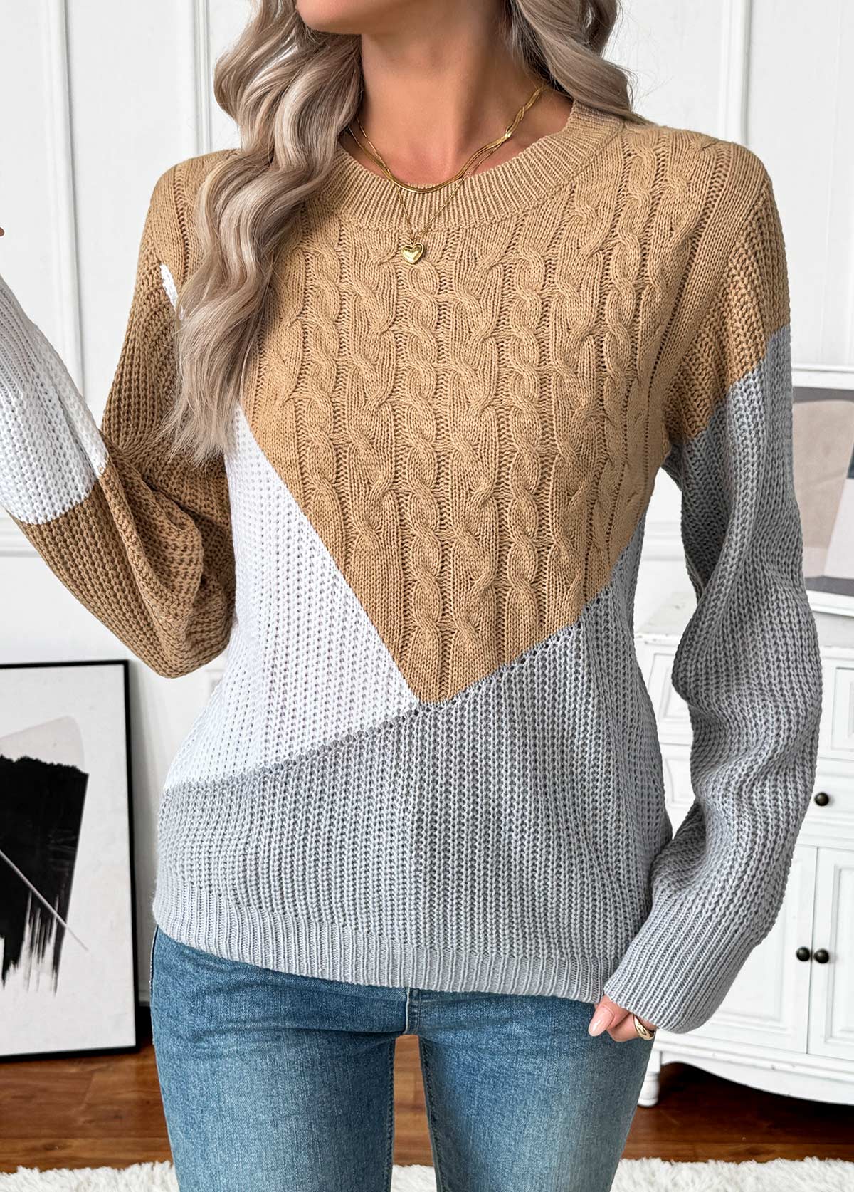 Dark Camel Tummy Coverage Long Sleeve Round Neck Sweater | picture 