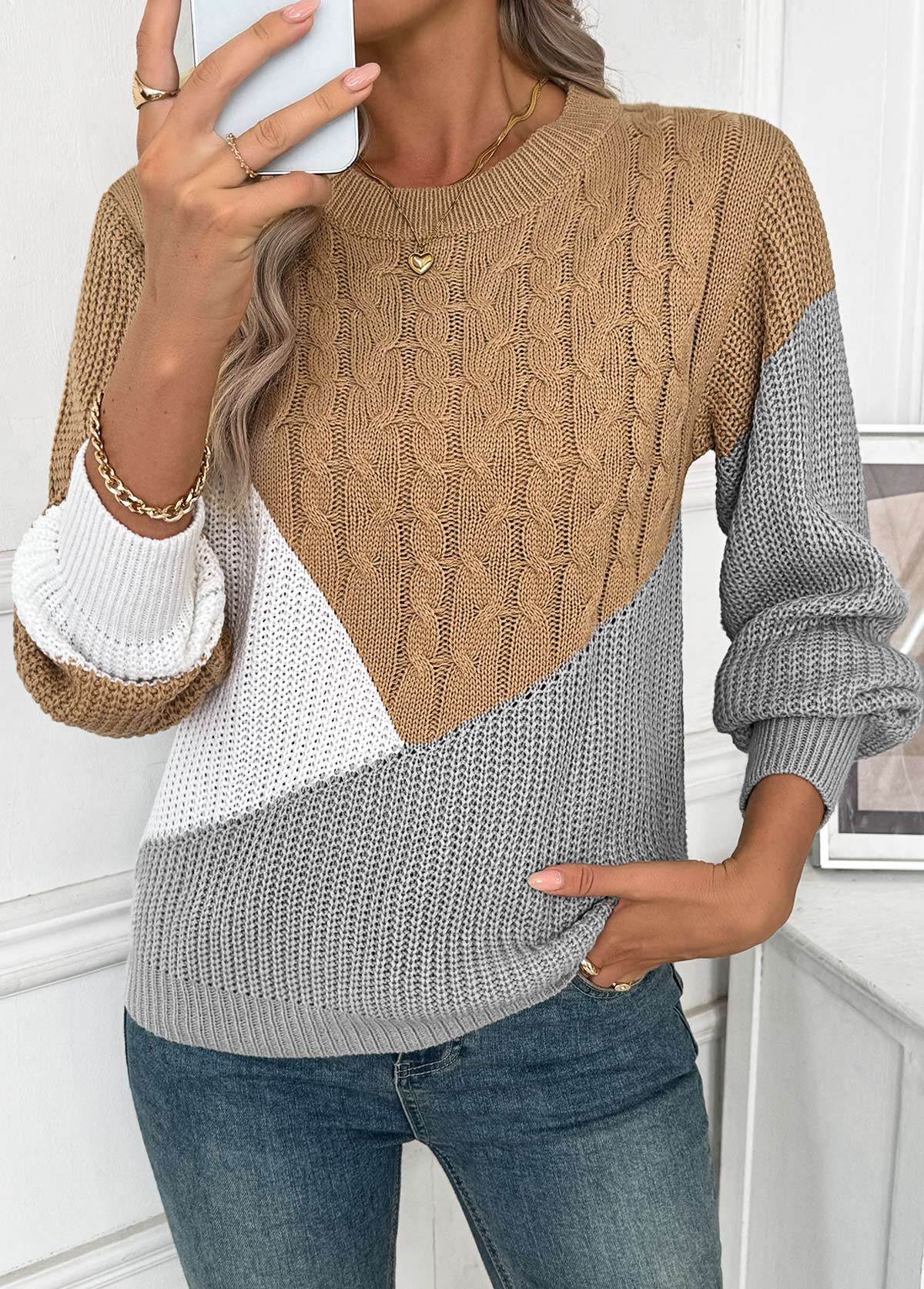 Dark Camel Tummy Coverage Long Sleeve Round Neck Sweater | picture 