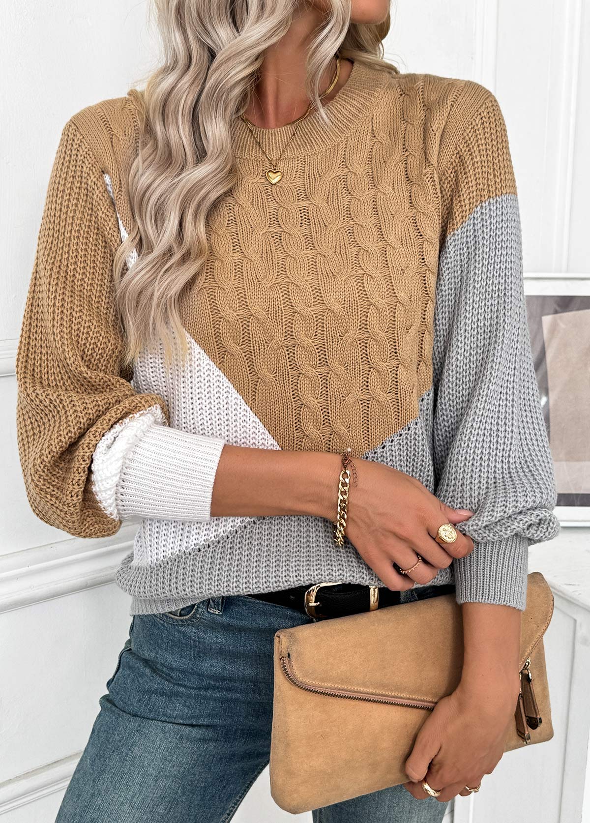 Dark Camel Tummy Coverage Long Sleeve Round Neck Sweater | picture 