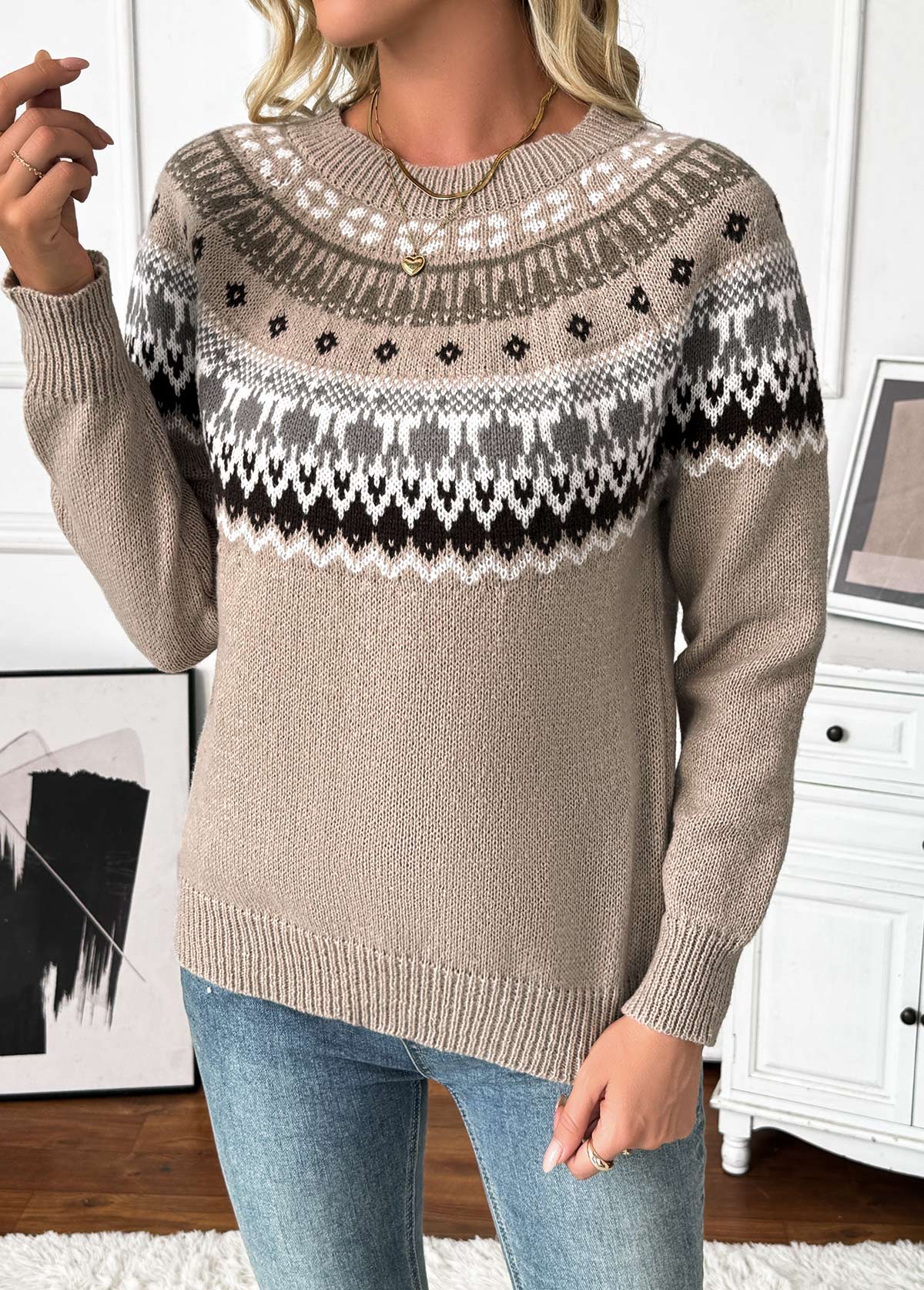 Gray Brown Tummy Coverage Tribal Print Long Sleeve Sweater | picture 