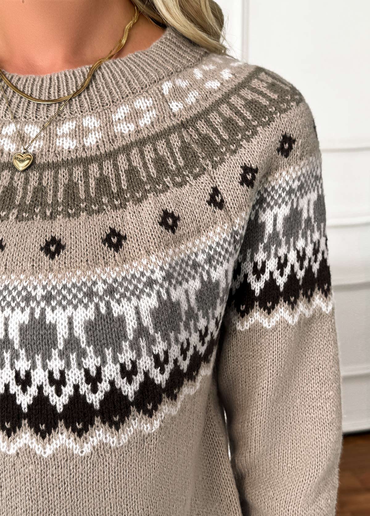 Gray Brown Tummy Coverage Tribal Print Long Sleeve Sweater | picture 