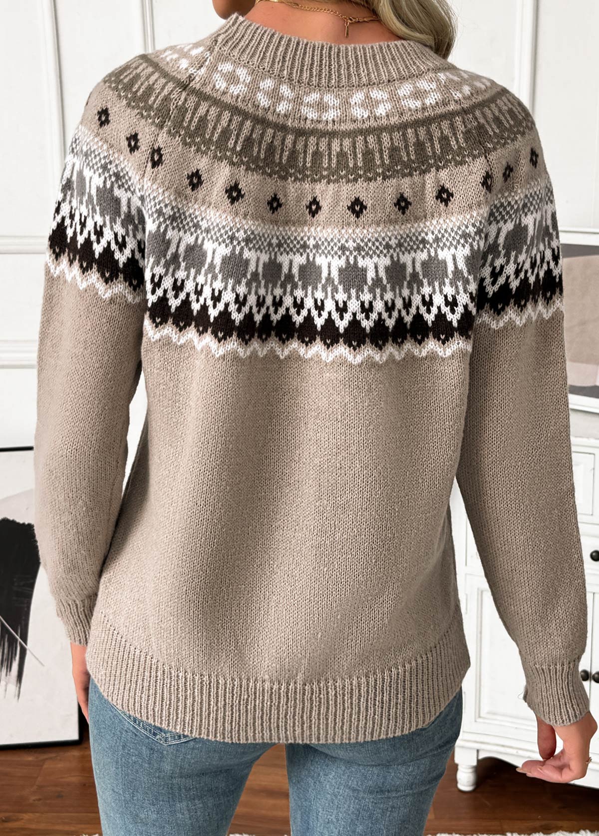 Gray Brown Tummy Coverage Tribal Print Long Sleeve Sweater | picture 
