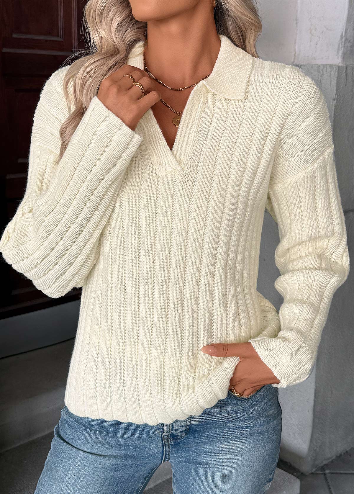 Beige Long Sleeve Turn Down Collar Sweater | picture 