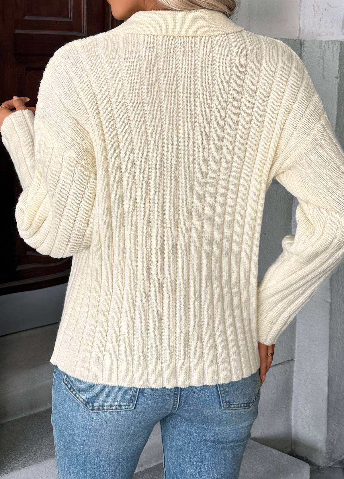 Beige Long Sleeve Turn Down Collar Sweater | picture 