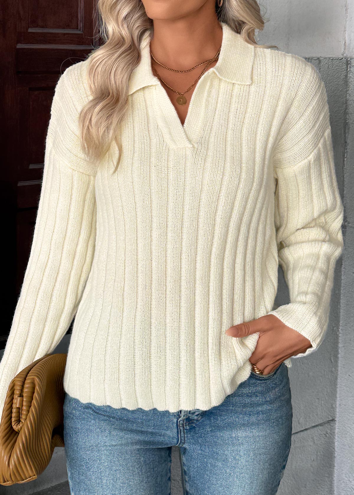 Beige Long Sleeve Turn Down Collar Sweater | picture 