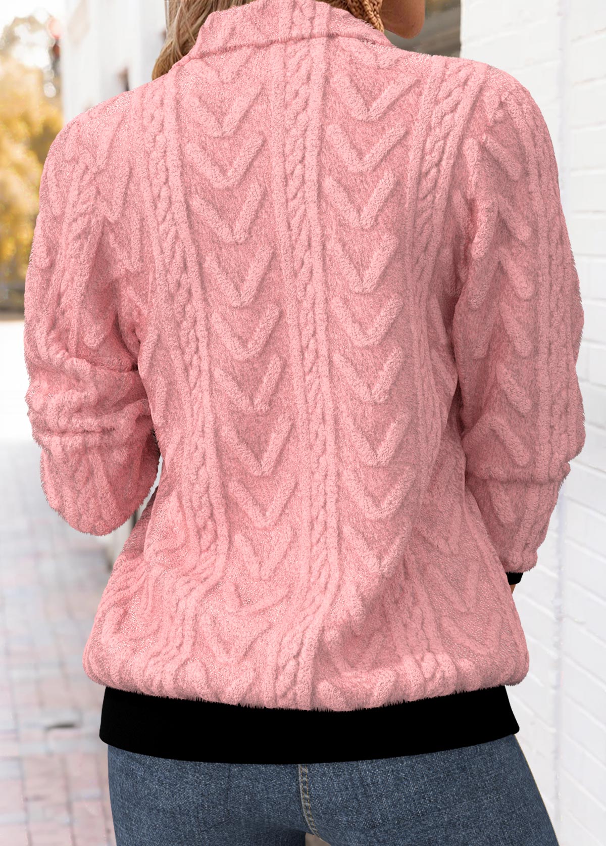 Pink Tummy Coverage Long Sleeve Turn Down Collar Sweatshirt | picture 