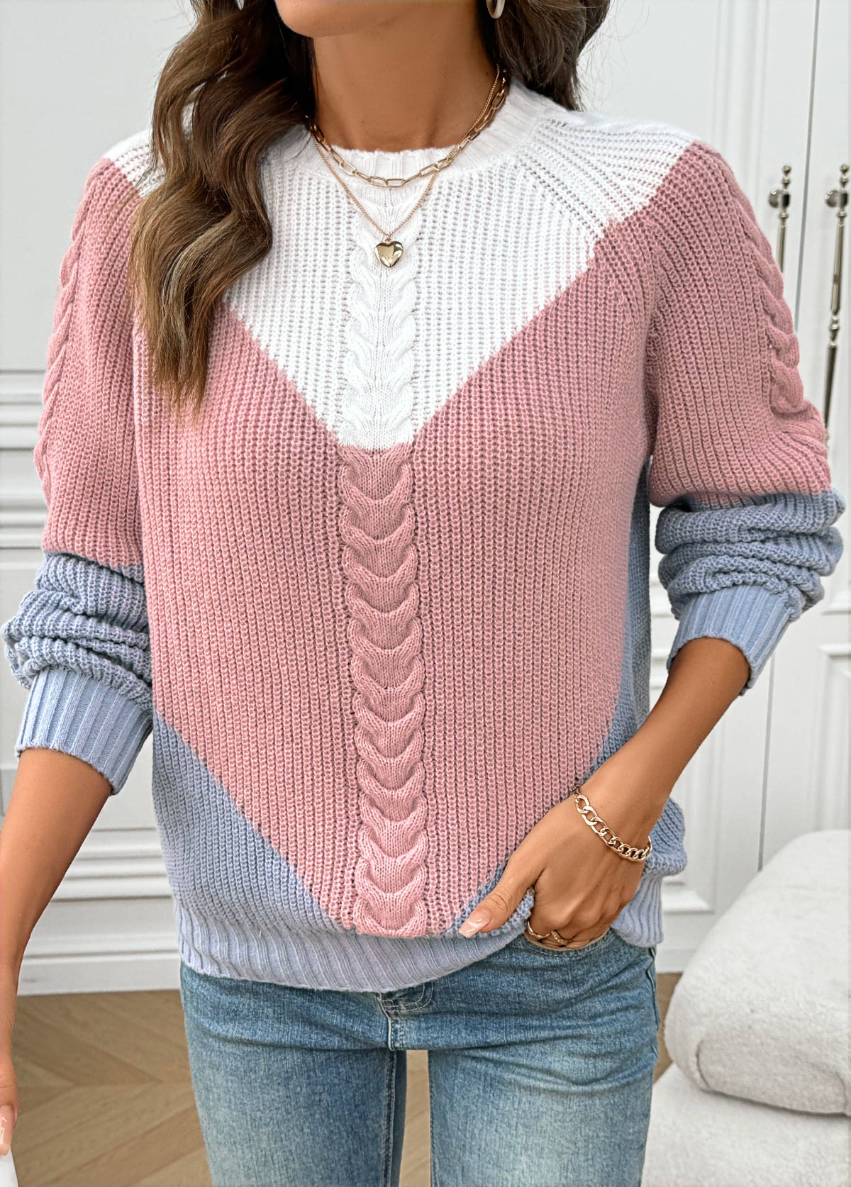 Pink Long Sleeve Round Neck Sweater | picture 
