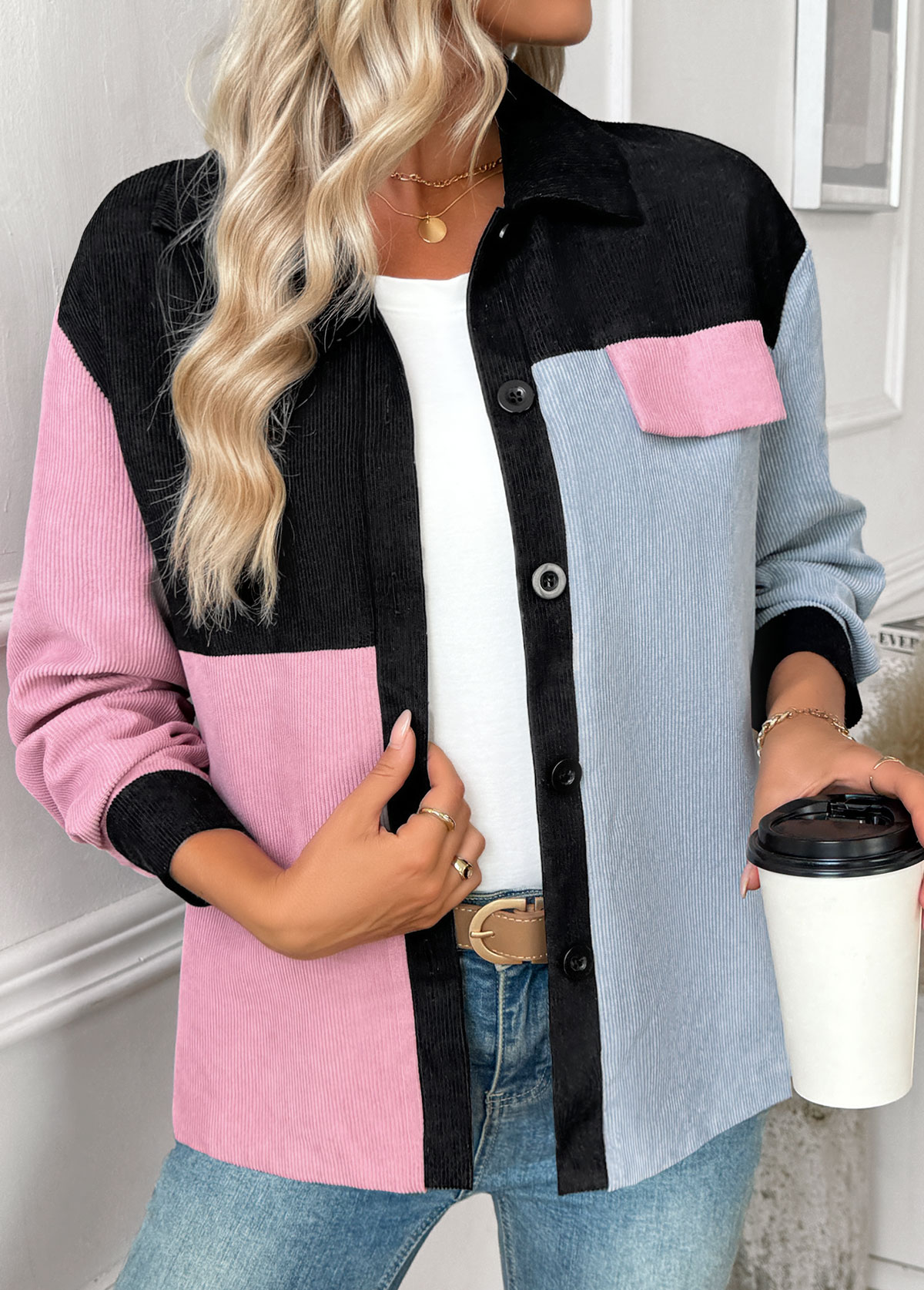 Pink Tummy Coverage Long Sleeve Shirt Collar Coat | picture 