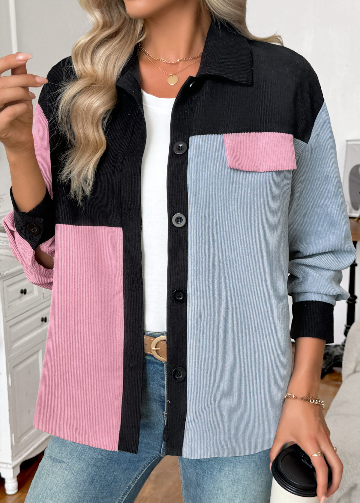 Pink Tummy Coverage Long Sleeve Shirt Collar Coat | picture 