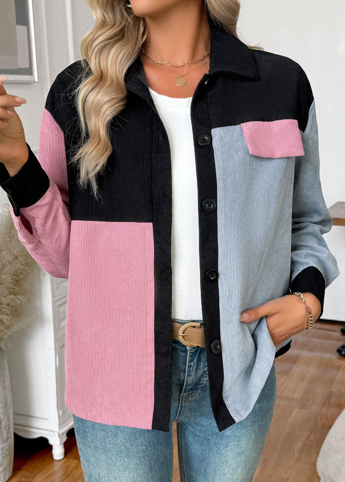Pink Tummy Coverage Long Sleeve Shirt Collar Coat | picture 