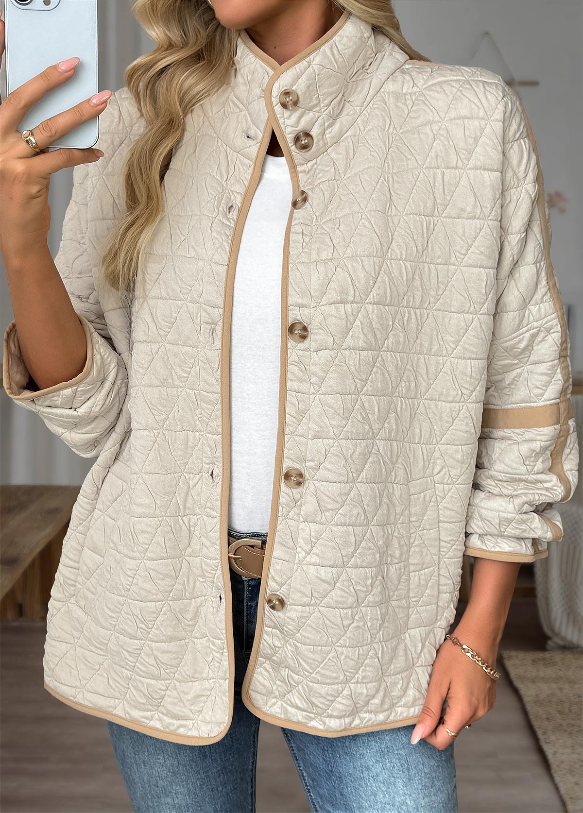 Beige Tummy Coverage Long Sleeve Stand Collar Coat | picture 