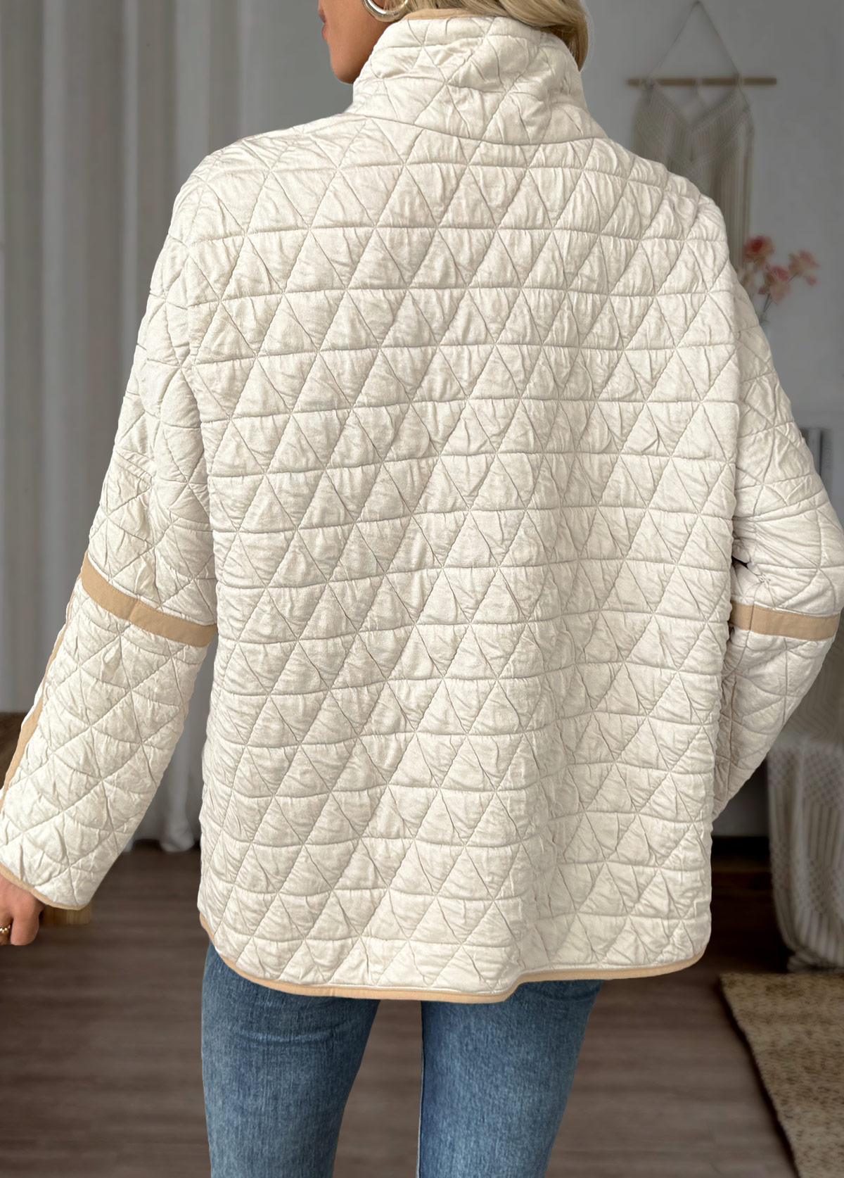 Beige Tummy Coverage Long Sleeve Stand Collar Coat | picture 