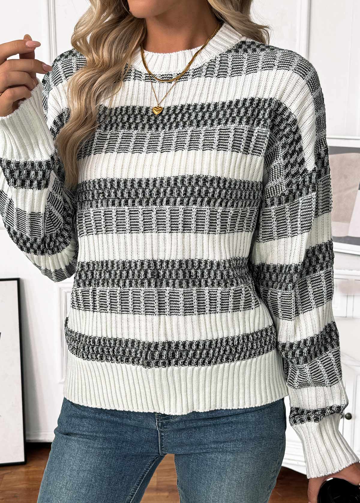 Black Tummy Coverage Striped Long Sleeve Round Neck Sweater | picture 