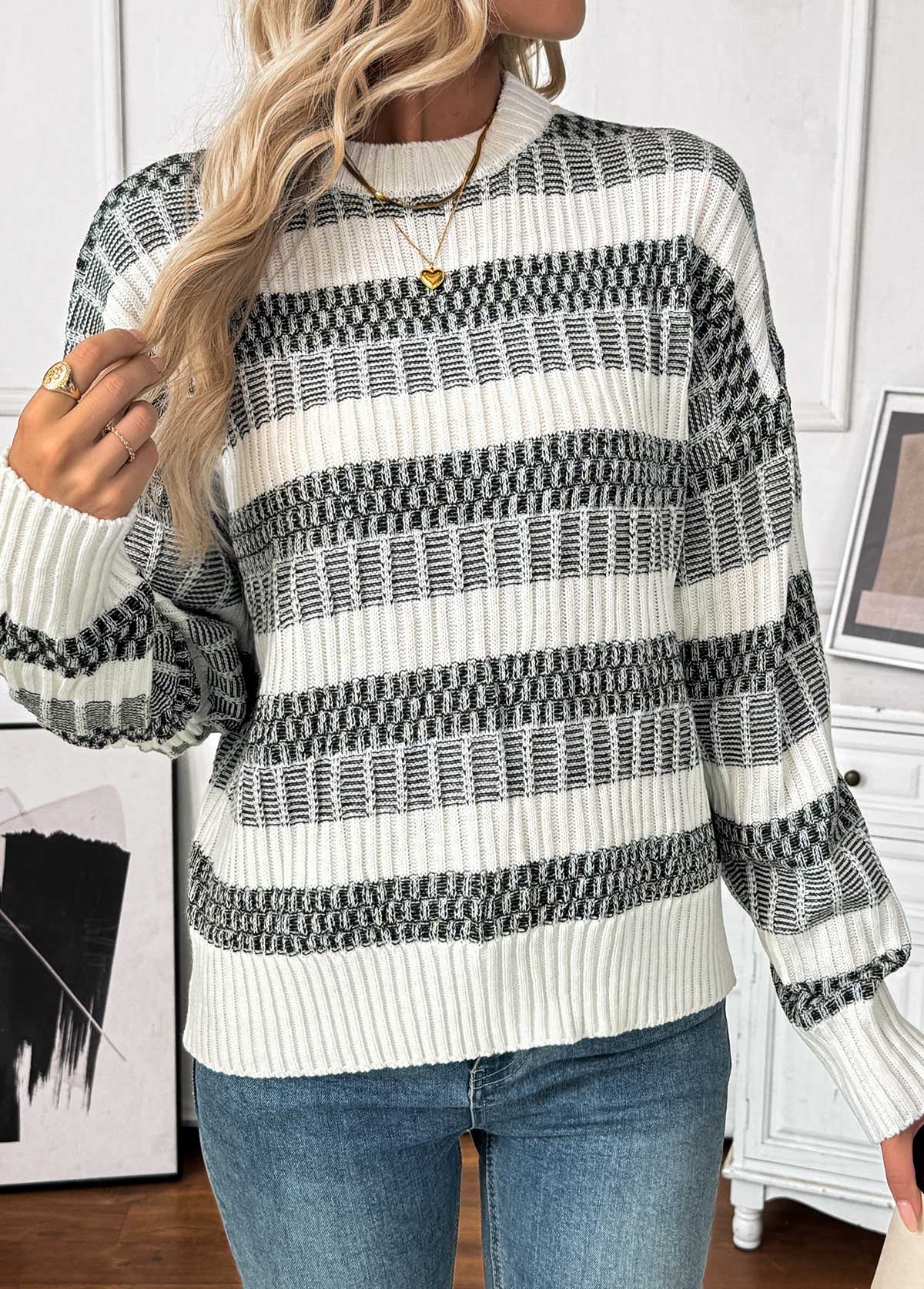 Black Tummy Coverage Striped Long Sleeve Round Neck Sweater | picture 