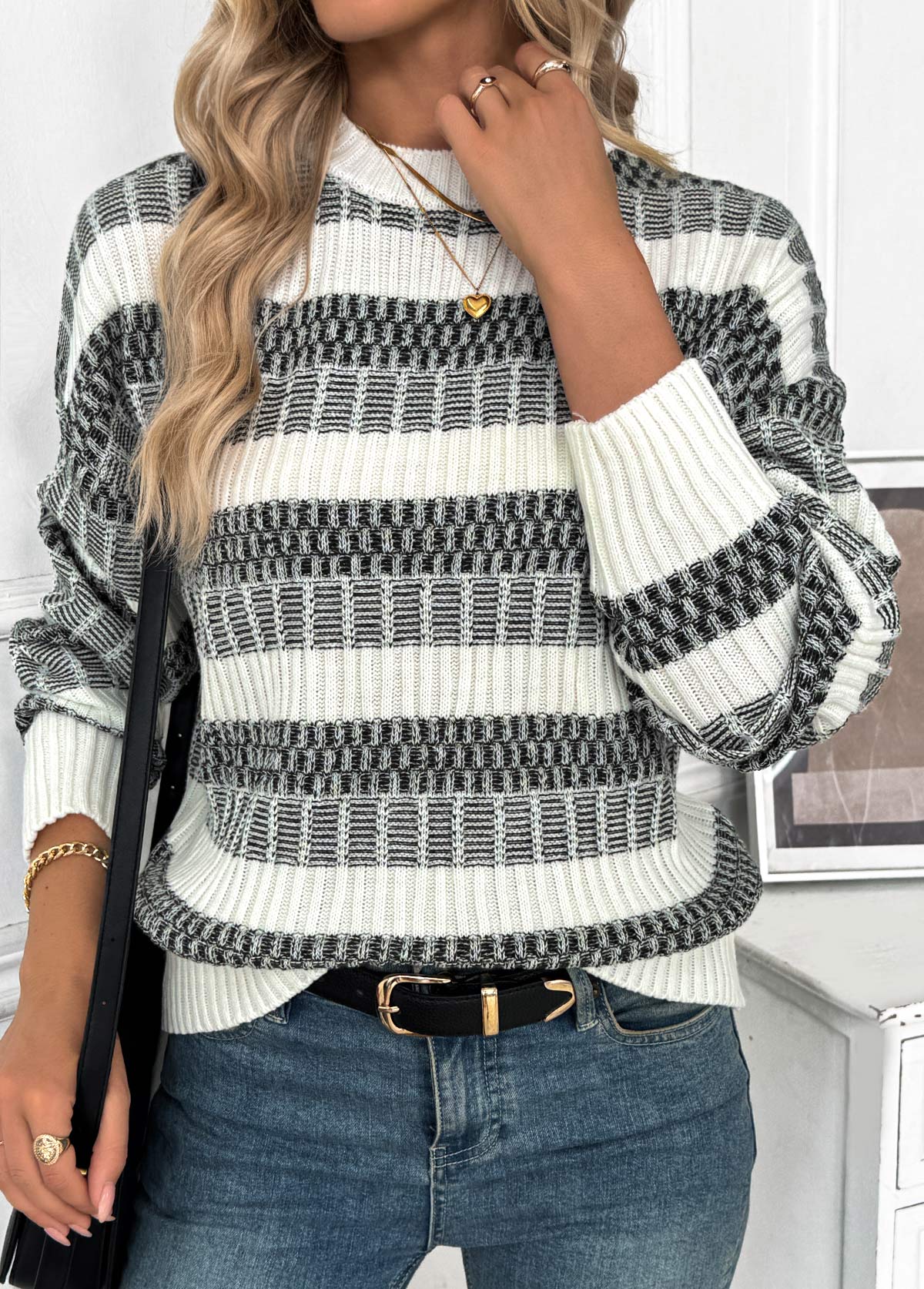 Black Tummy Coverage Striped Long Sleeve Round Neck Sweater | picture 