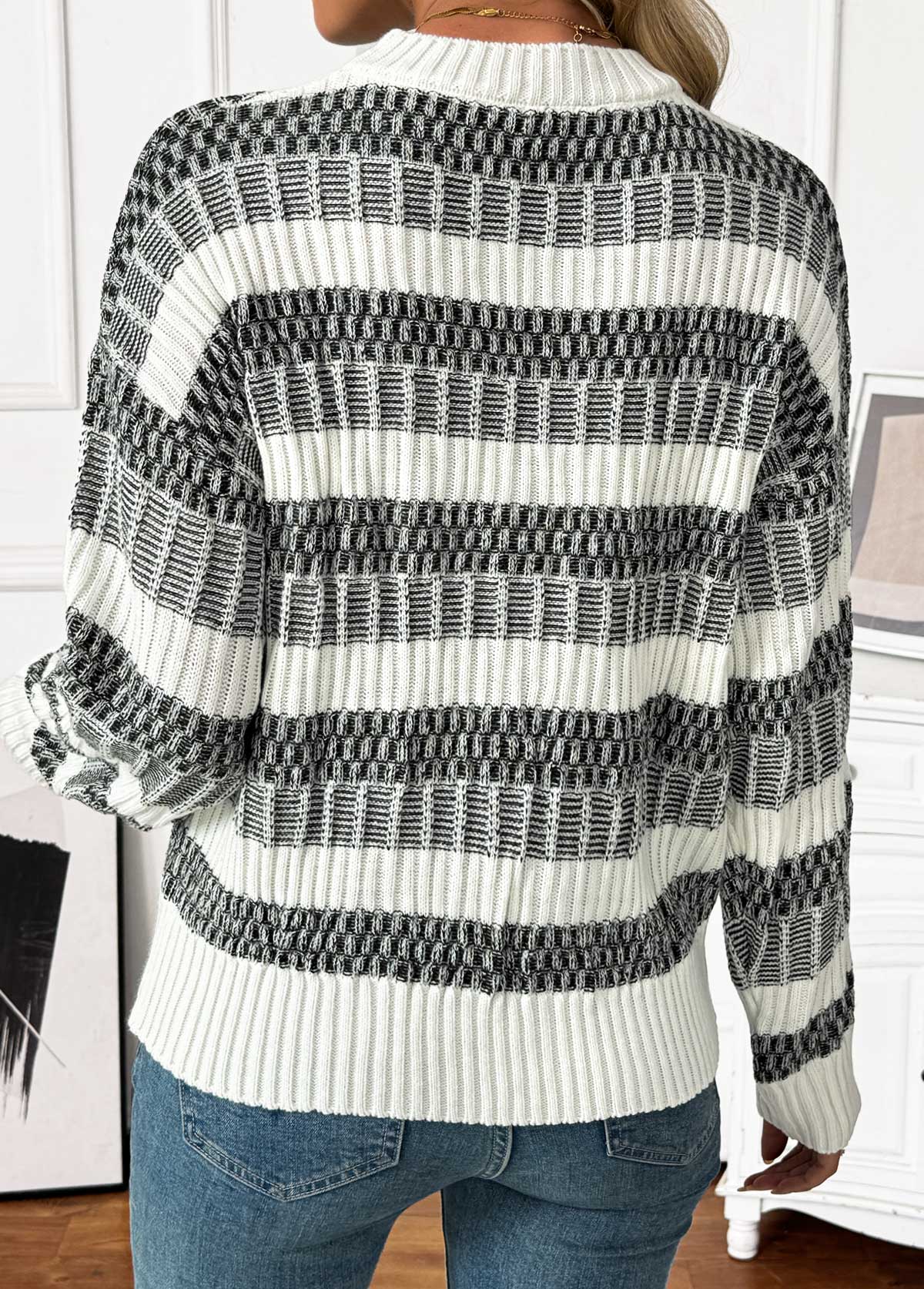 Black Tummy Coverage Striped Long Sleeve Round Neck Sweater | picture 