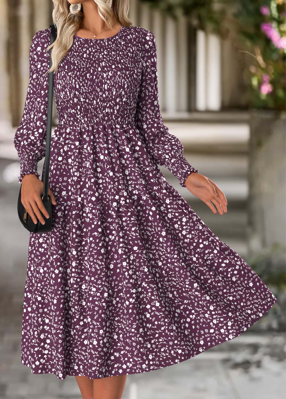 Purple Tummy Coverage Ditsy Floral Print Long Sleeve Dress | picture 