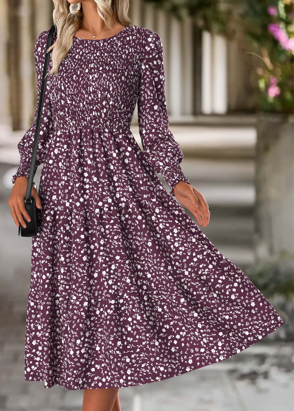 Purple Tummy Coverage Ditsy Floral Print Long Sleeve Dress | picture 