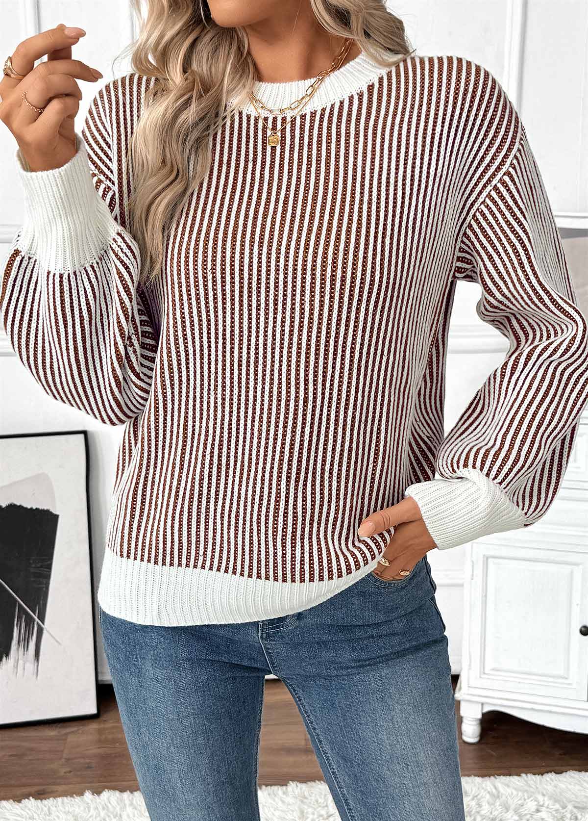 Dark Coffee Tummy Coverage Long Sleeve Round Neck Sweater | picture 