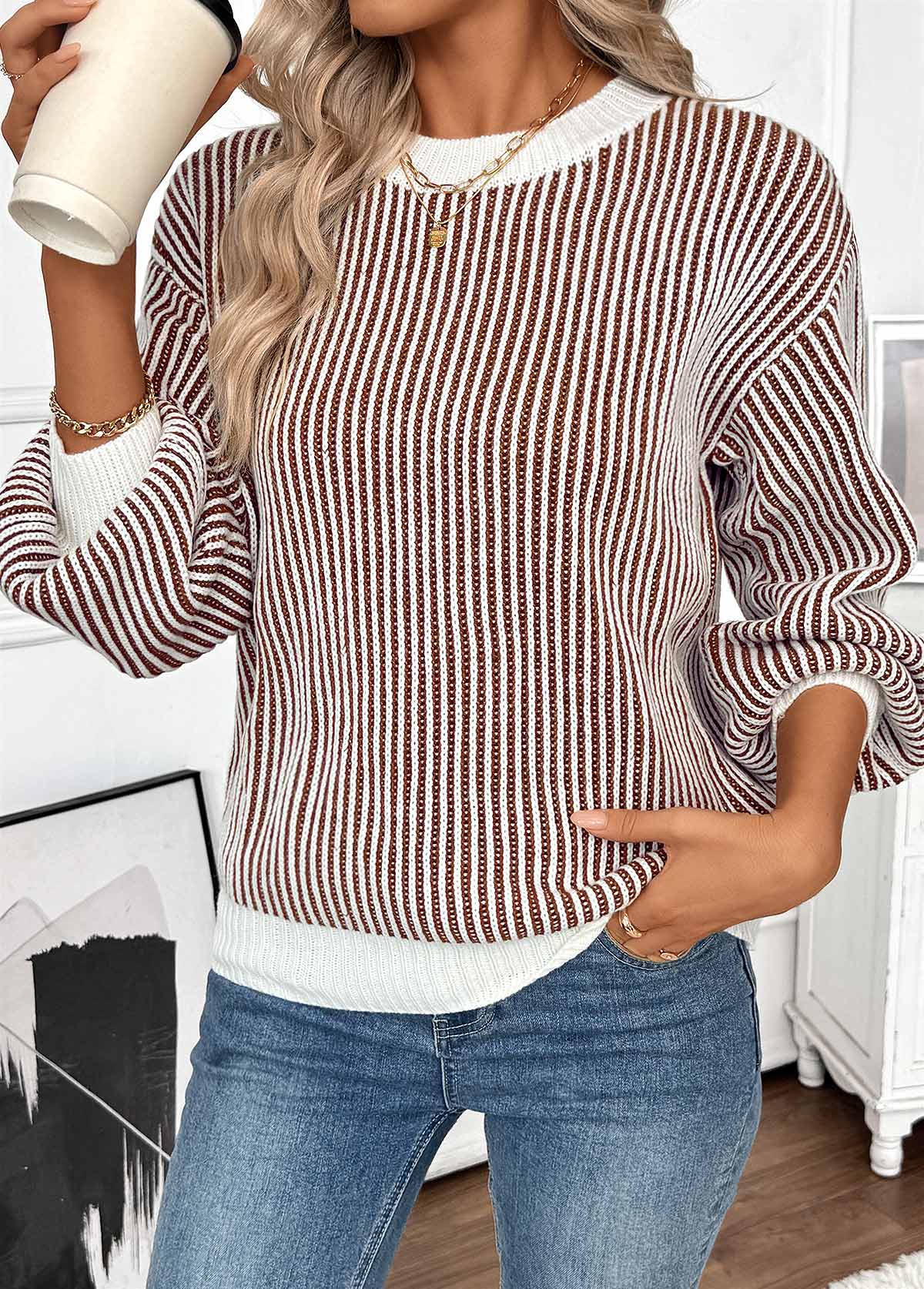 Dark Coffee Tummy Coverage Long Sleeve Round Neck Sweater | picture 