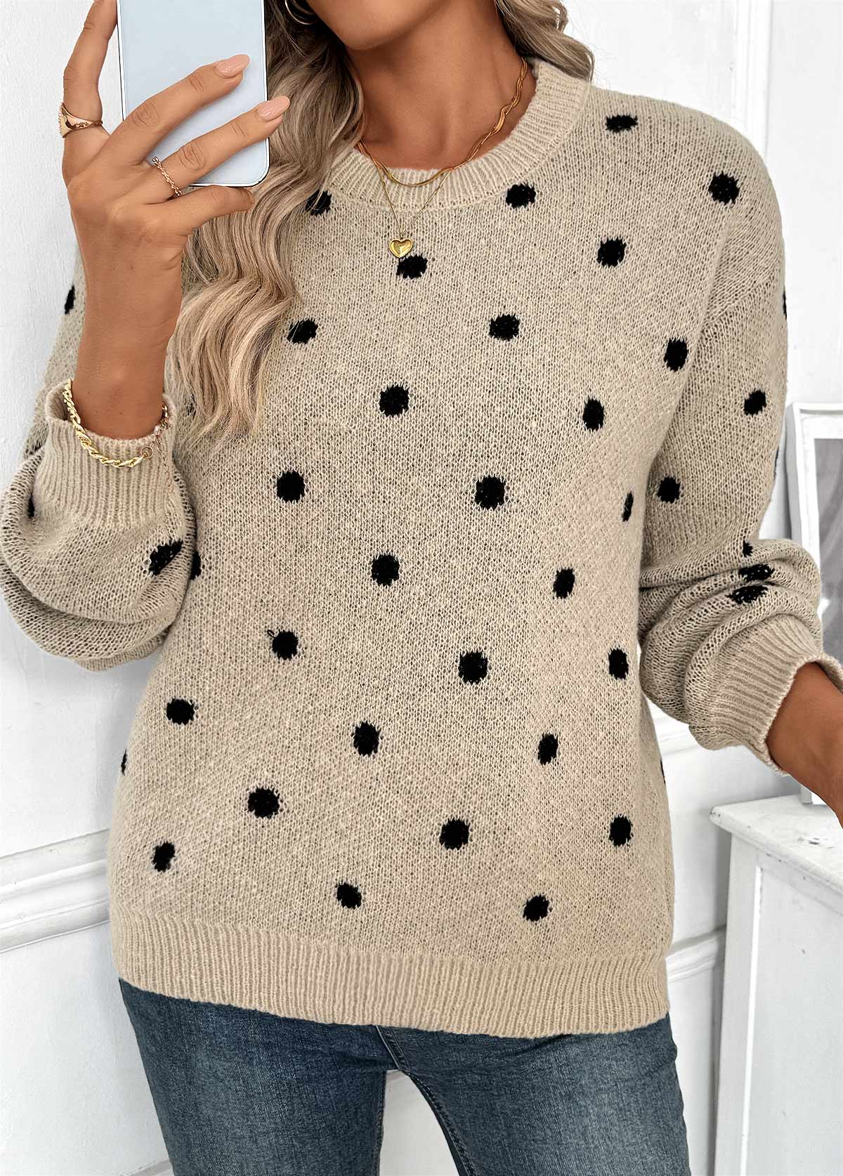 Light Camel Tummy Coverage Polka Dot Long Sleeve Sweater | picture 