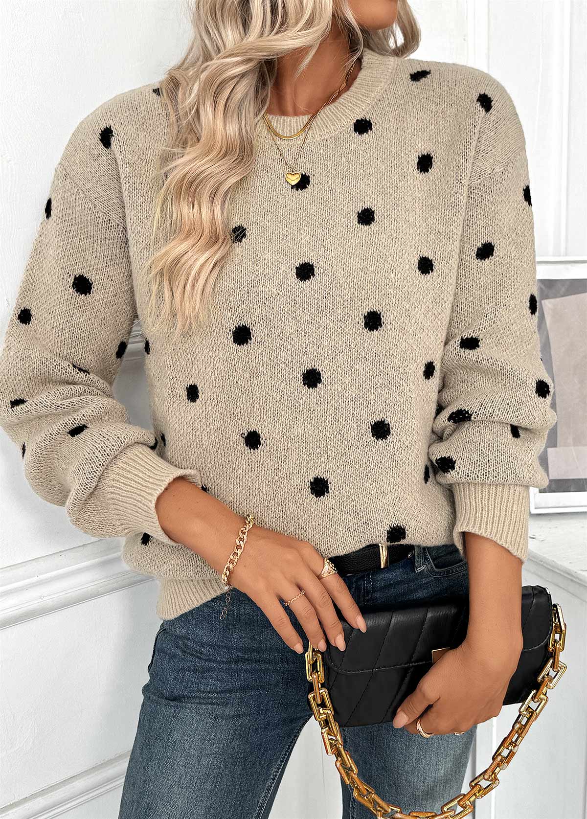 Light Camel Tummy Coverage Polka Dot Long Sleeve Sweater | picture 