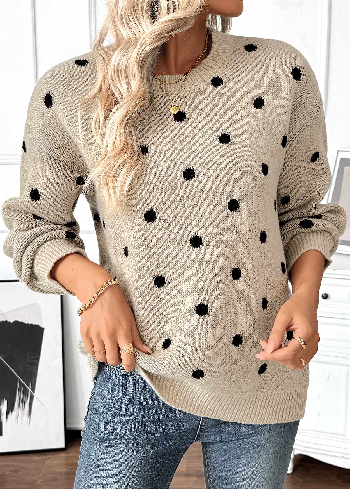 Light Camel Tummy Coverage Polka Dot Long Sleeve Sweater | picture 